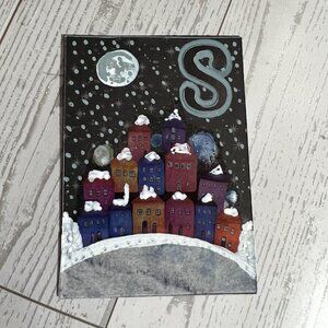 Original ACEO Art Card Snowy Night Urban Houses Moon "S" 2025